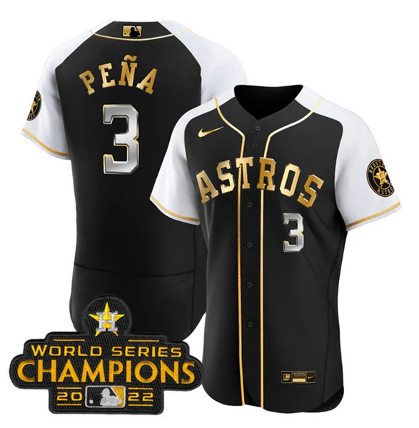 Men's Houston Astros #3 Jeremy Peña 2023 Black Gold Alternate Flex Base Stitched Baseball Jersey Men's Houston Astros #3 Jeremy Peña 2023 Black Gold Alternate Flex Base Stitched Baseball Jersey
